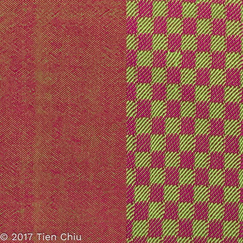 plain weave and twill blocks swatches in green and magenta yarns