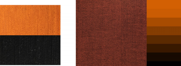 photo of orange and black plain weave swatch and orange and black yarn wraps